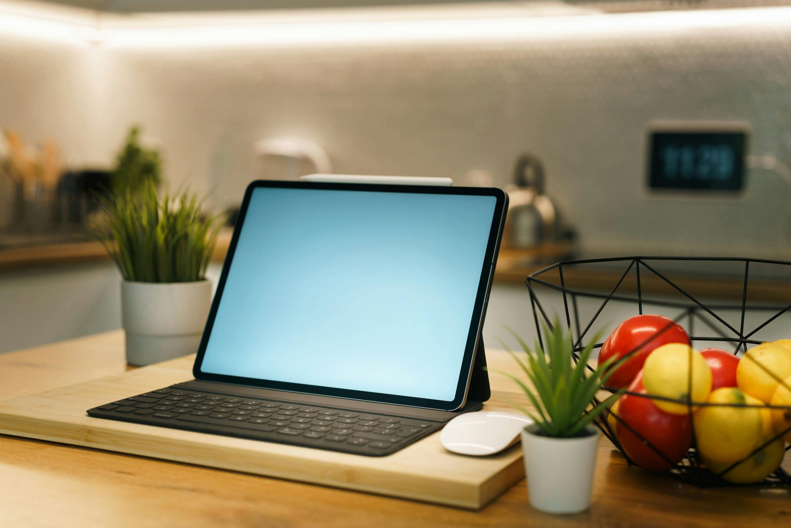 laptop on a kitchen counter