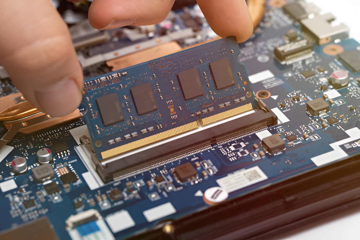 close-up of a person replacing laptop RAM